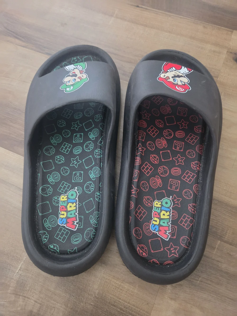 Nintendo Black Slide Sandals with Mario Red and Luigi Green Accents